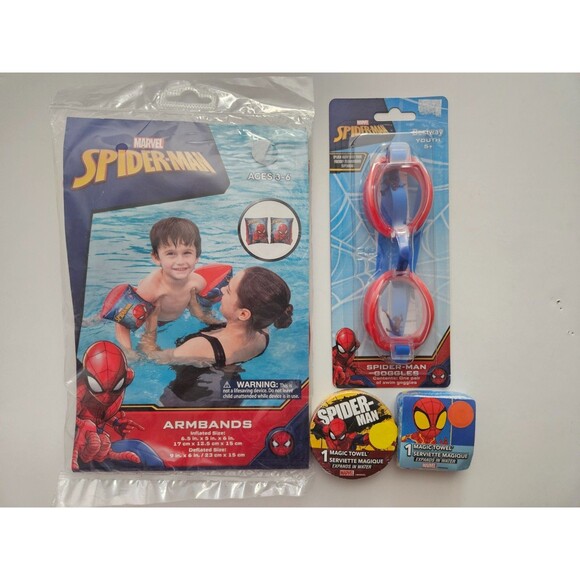 7 PC Spiderman Kids Swimming Toy Set - Inflatable Armbands, Swim Goggles, Toys - Picture 2 of 7